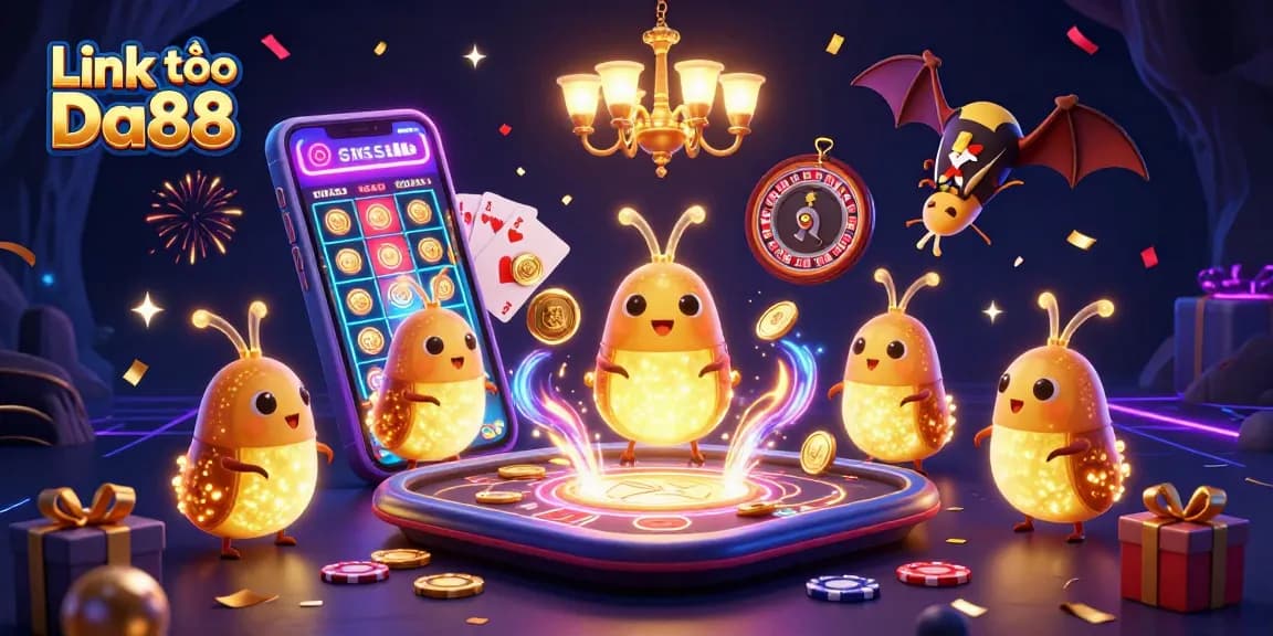 Link vào Da88 enhances gameplay with cartoon glowworms lighting up a vibrant cave casino.