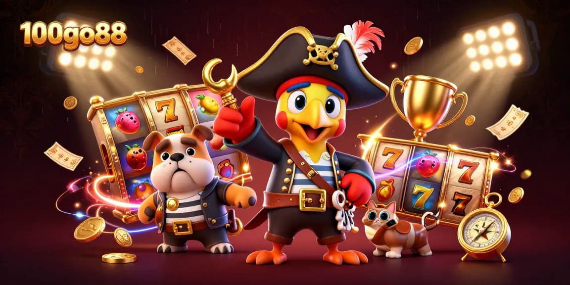 Experience thrilling gameplay at 100go88 with exciting slot reels and a colorful pirate crew.