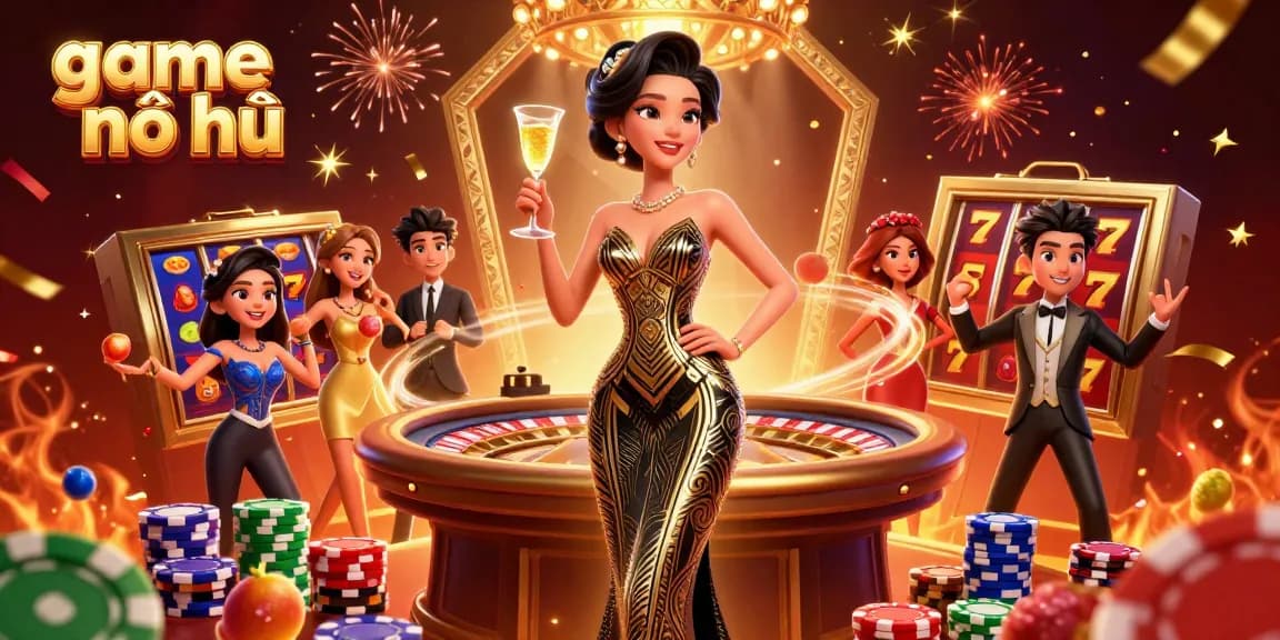 Engaging scene of game nổ hũ featuring luxurious Asian woman amidst dynamic casino elements.