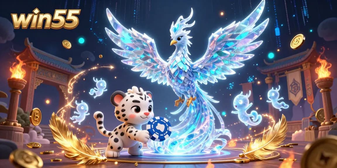 Experience the thrill at win55 with vibrant characters and dynamic casino elements in a magical 3D scene.