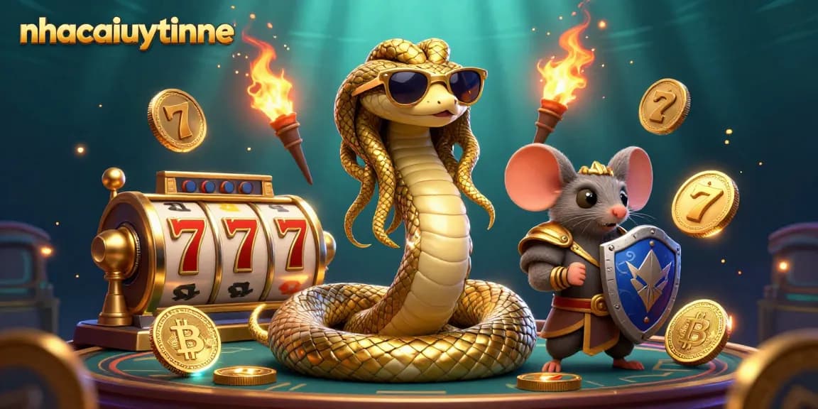 Experience excitement with nhacaiuytinne in a vibrant 3D gambling scene featuring slot reels and golden coins.