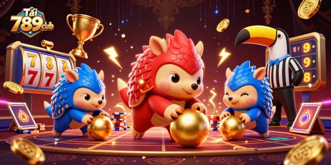 Tải 789club with rival pangolins competing in a vibrant casino setting surrounded by colorful gaming elements.
