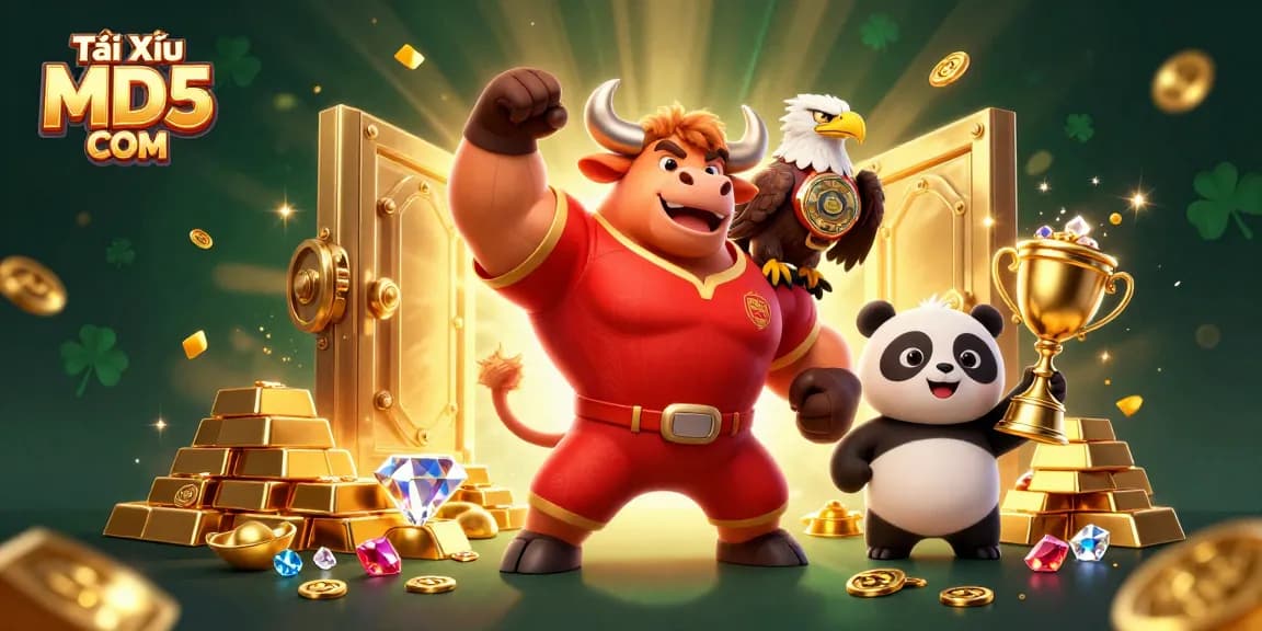 Experience Tài Xỉu MD5 COM with our vibrant gaming mascot scene celebrating victory and wealth in 3D.
