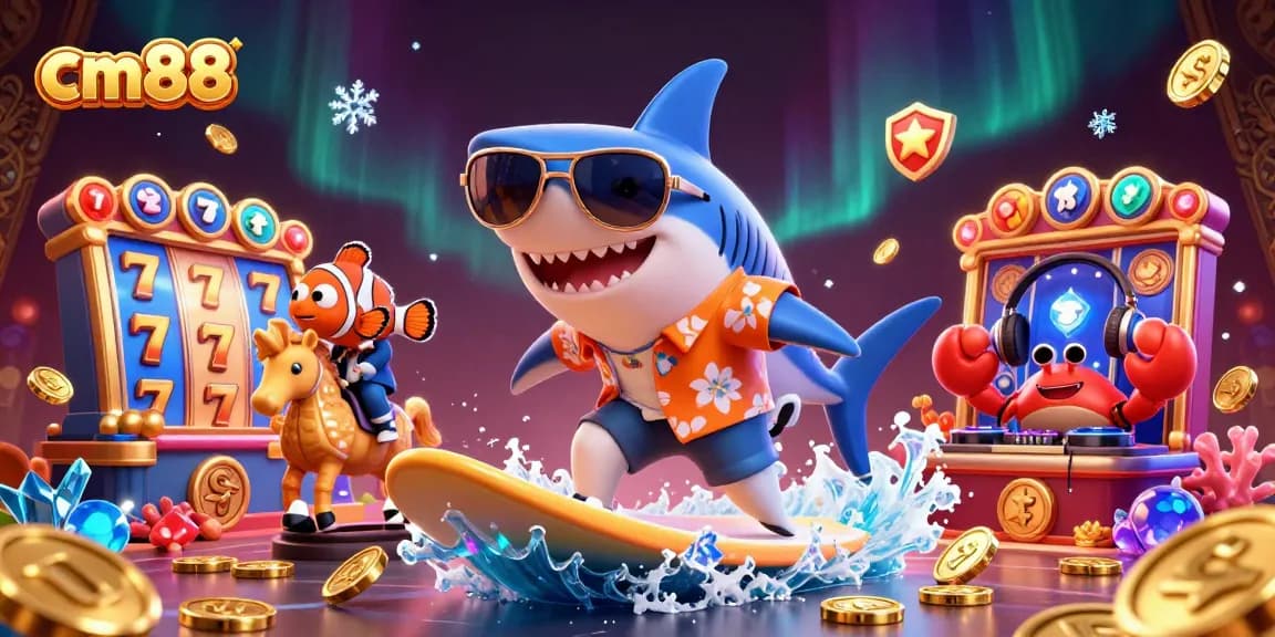 Experience cm88's thrilling casino adventure with vibrant characters, slot reels, and dazzling effects.