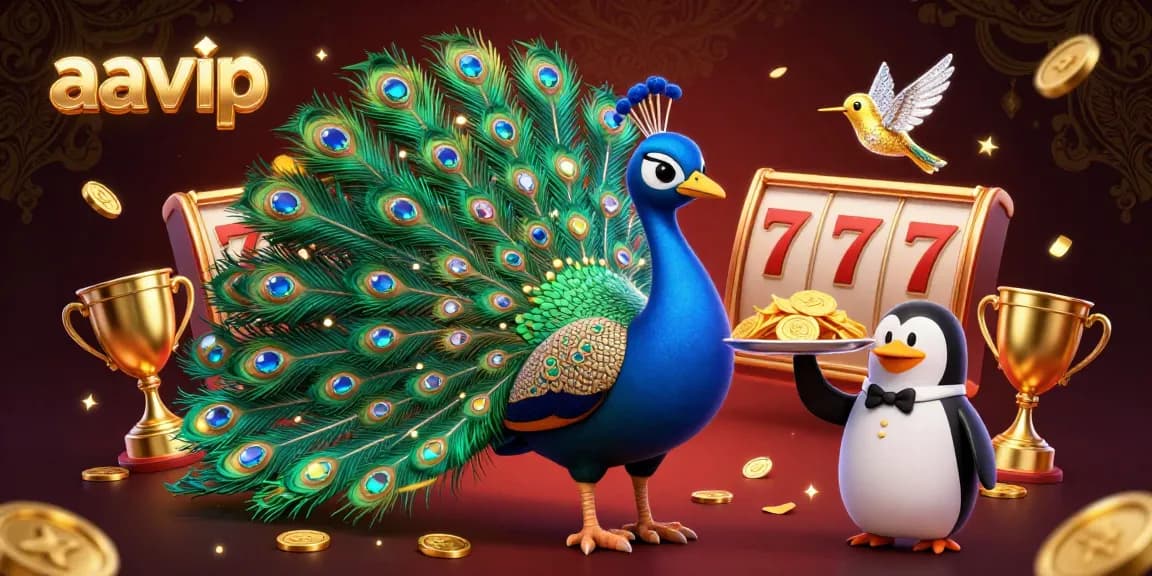 AAVIP showcases a vibrant 3D casino scene with a majestic peacock, penguin butler, and dazzling hummingbird amidst slot game excitement.