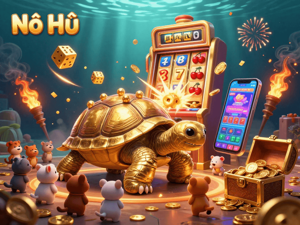 Nổ Hũ showcases a vibrant jackpot scene with a golden tortoise and slot machine bursting with coins and symbols.