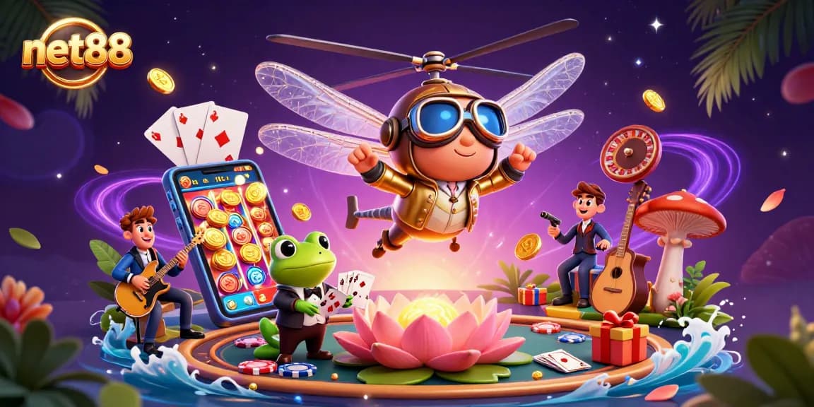 Experience thrilling gaming with net88's vivid 3D casino illustration showcasing dynamic characters and casino elements.
