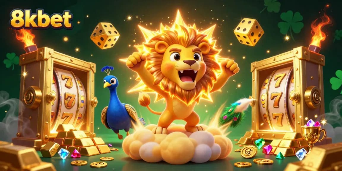 Win big with 8xbet's vibrant casino experience featuring a roaring lion and golden treasures.