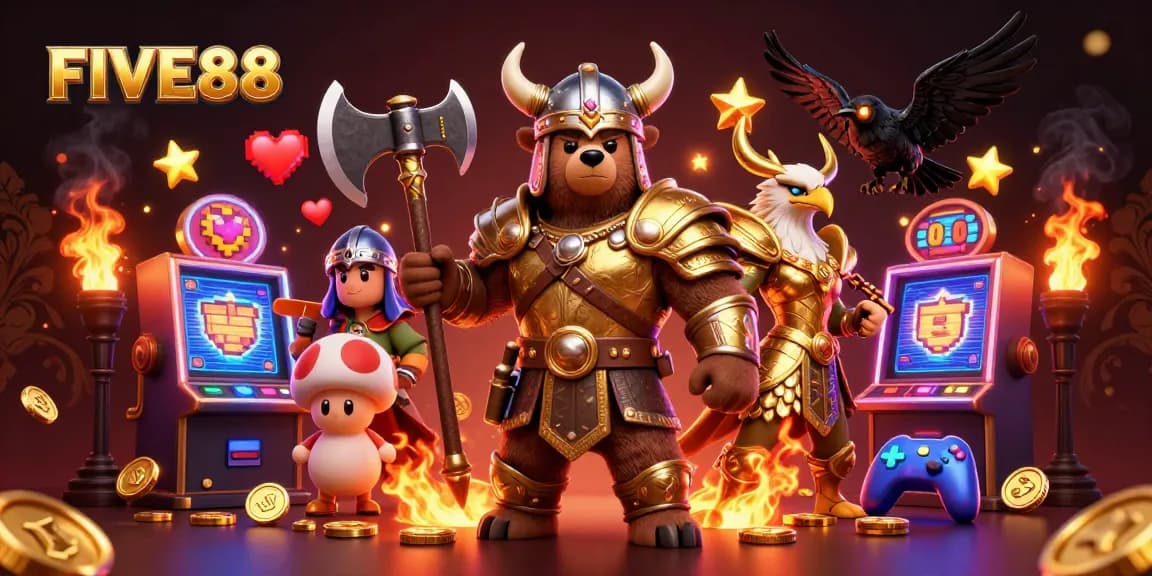 Experience the thrill of FIVE88 with a vibrant 3D casino scene featuring dynamic characters and game elements.