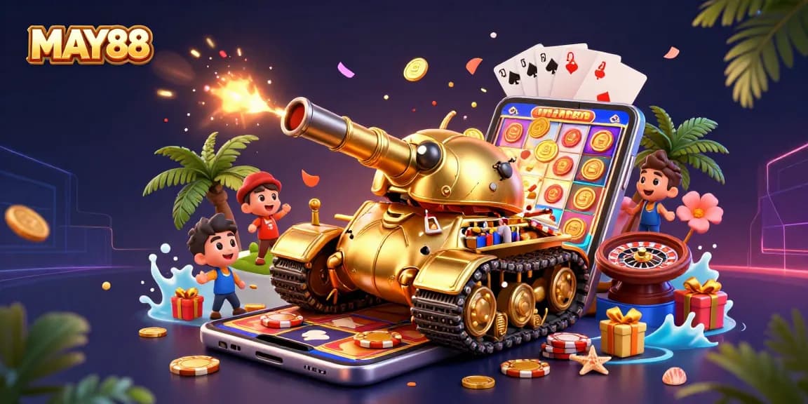 MAY88 brings excitement with a golden beetle tank casino scene bursting with winning moments and vibrant game elements.