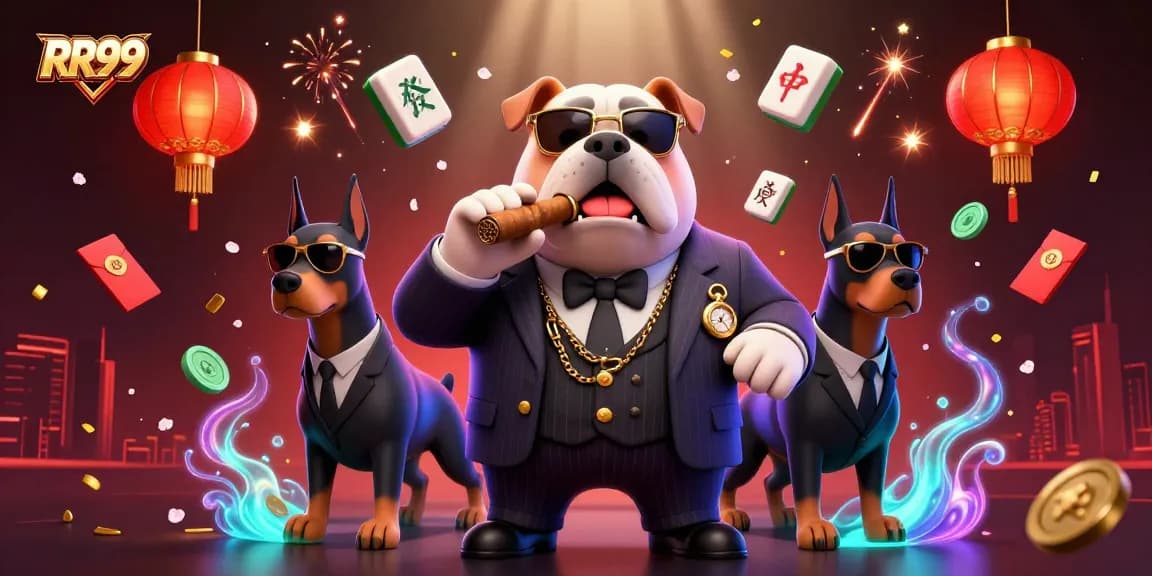 Join the fun at RR99, where a mafia bulldog oversees a vibrant celebration of gaming!