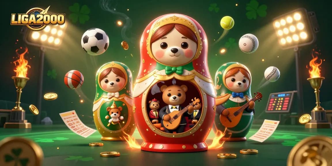 LIGA2000 mengungkapkan kegembiraan taruhan olahraga dengan ilustrasi maskot bertema kasino yang dinamis, menampilkan beruang Matryoshka.