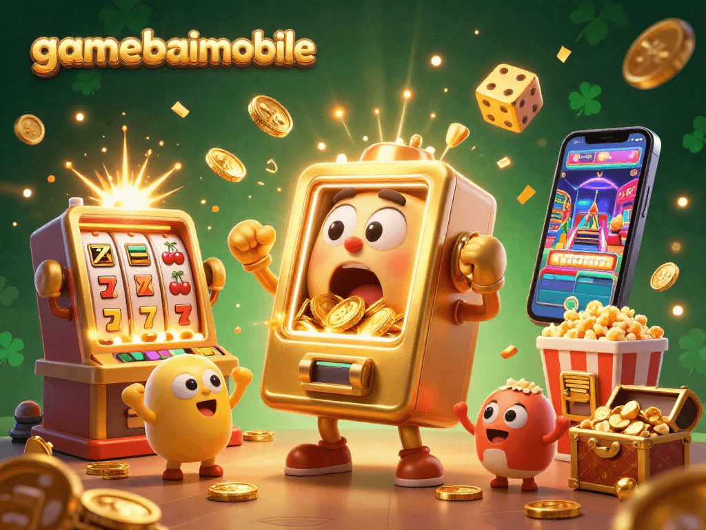 gamebaimobile slot machine hits jackpot as coins pour out, with cheering mini machines and festive elements.