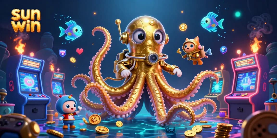 Experience thrilling moments at sun win, featuring a colossal kraken and diving cat amidst glowing game elements.