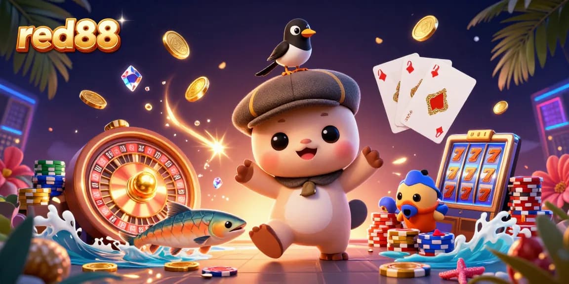 Engage with red88's vibrant casino scene featuring a playful Nessie and gold elements.