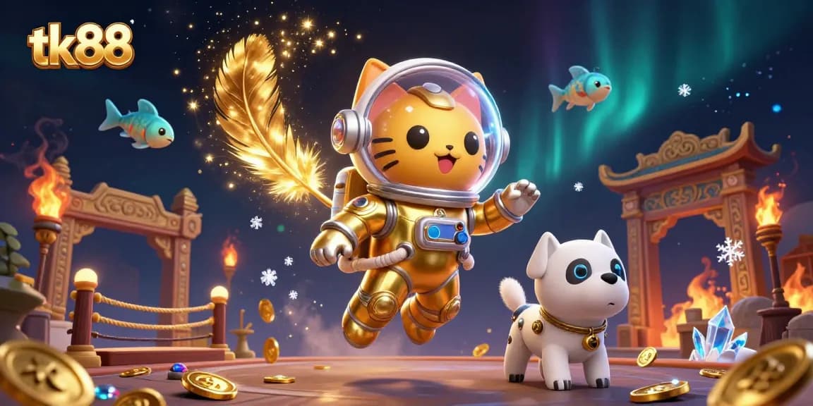 Engage in thrilling TK88 gaming with an astronaut cat and robot dog in a vibrant casino scene.