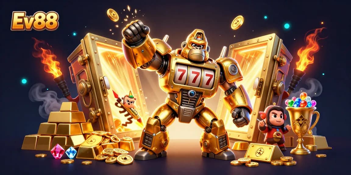 Experience the excitement of Ev88 with a dynamic 3D illustration showcasing a golden gorilla mech and treasure.