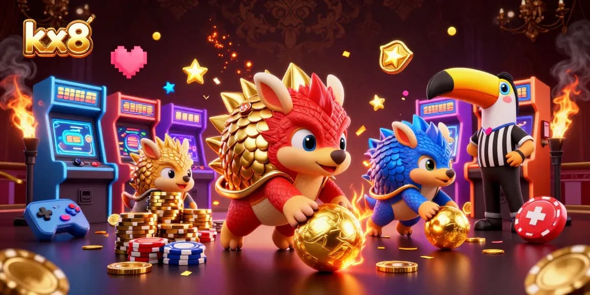 Engaging kx8 pangolins bowling golden balls through poker chips in a vibrant casino scene.