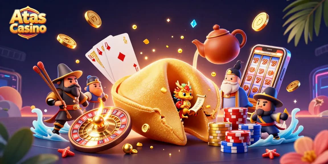 Atas Casino showcases a vibrant scene with golden creatures and gaming elements amidst dazzling treasures.