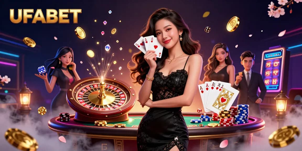 Play exciting games at UFABET, featuring an elegant woman showcasing casino cards amidst spinning roulette and vibrant chips.