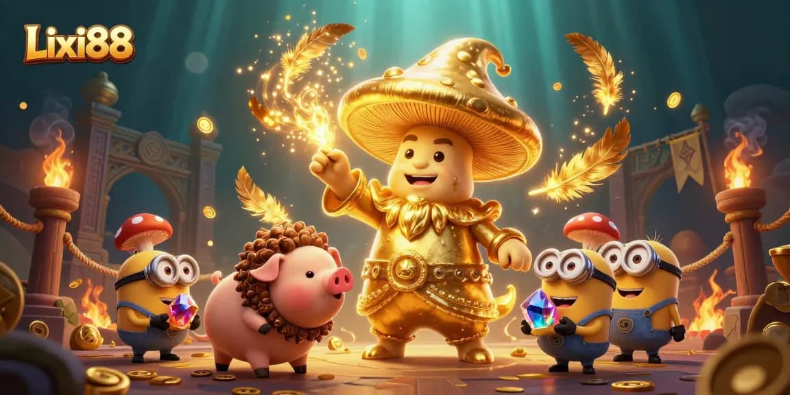 Experience Lixi88's magical casino with a golden mushroom wizard and treasures galore!