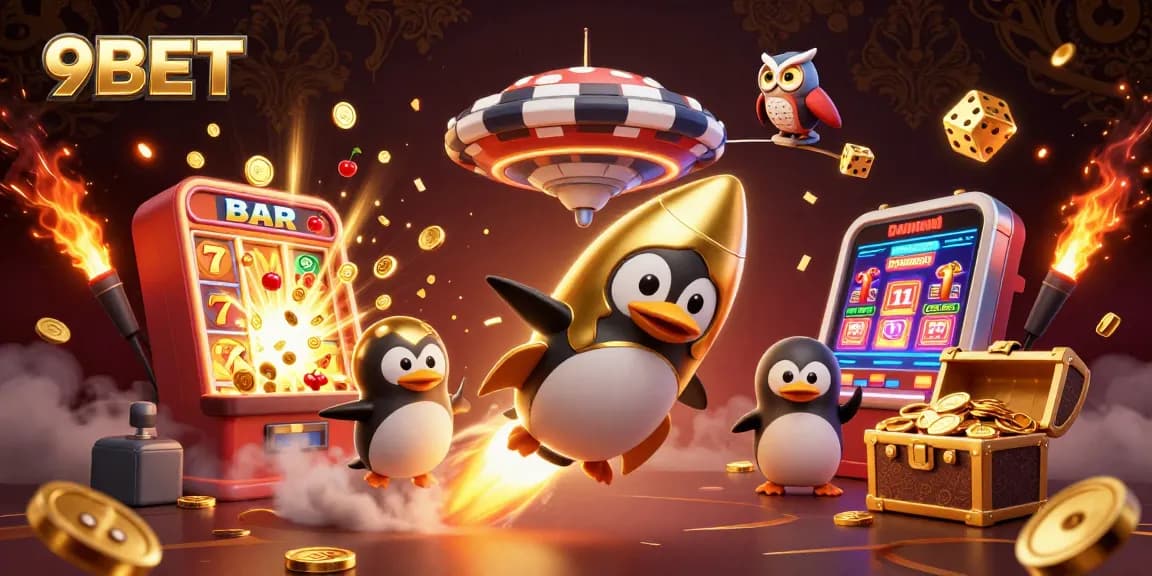 Experience the thrill of 9BET with a golden penguin and dazzling casino elements.