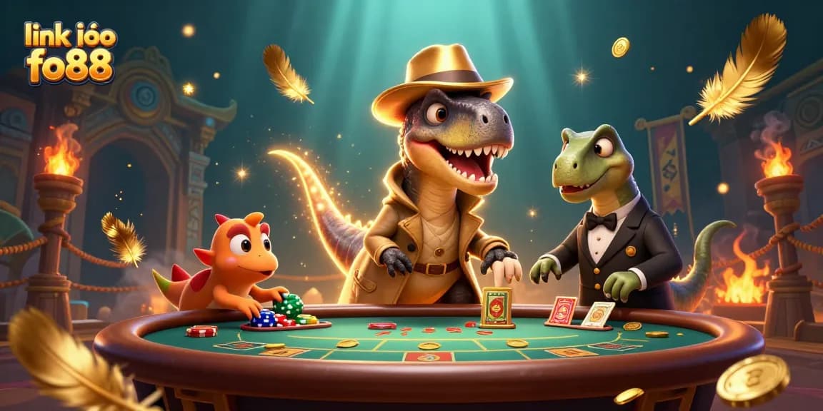 Experience thrilling gaming with link vào fo88 as a velociraptor card counter and companions amidst vibrant casino elements.