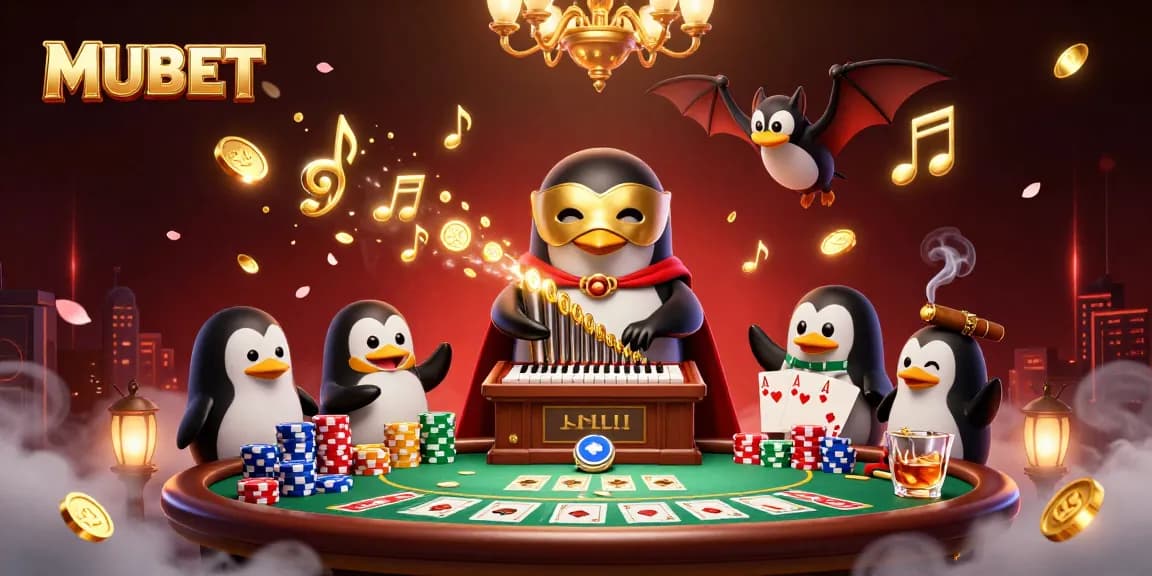 Engage with MUBET's exhilarating casino thrills amidst 3D characters, poker props, and vibrant atmosphere.