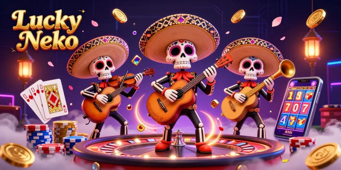 Experience the excitement of Lucky Neko slot gaming with vibrant casino elements and cartoon mariachi action.