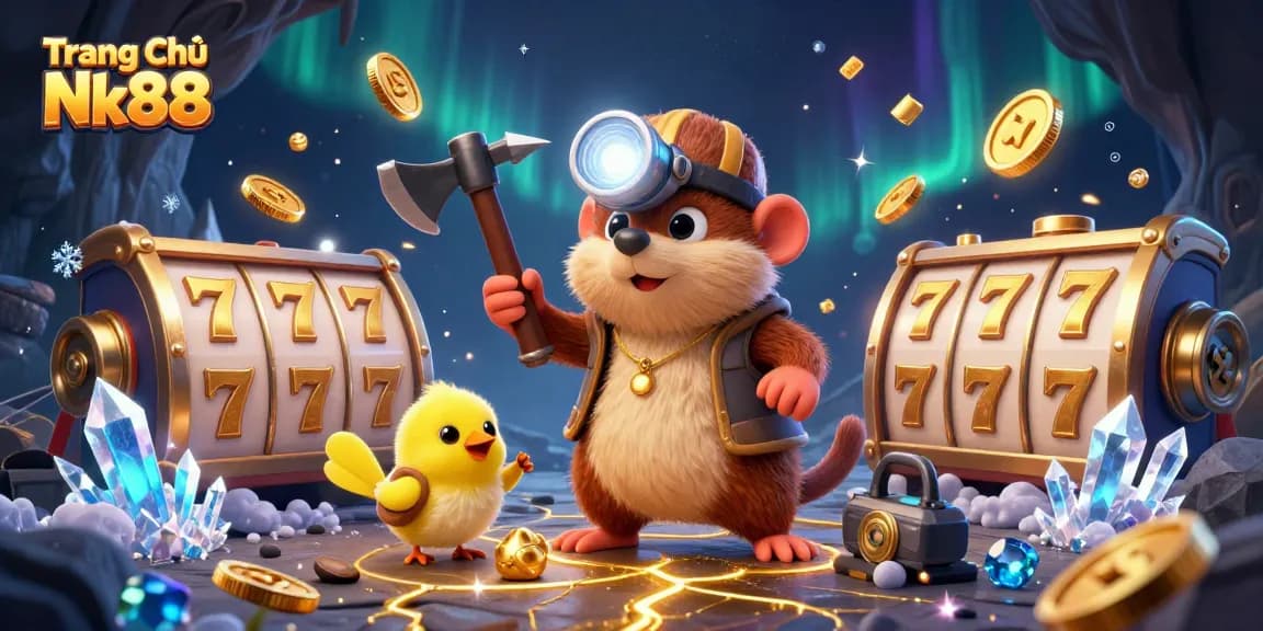 Engage in thrilling gameplay at Trang Chủ Nk88 with vibrant 3D visuals of a treasure hunter and gaming elements.