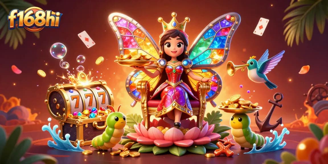 Experience gaming thrills with vibrant f168hi visuals featuring a butterfly queen and dynamic casino elements.