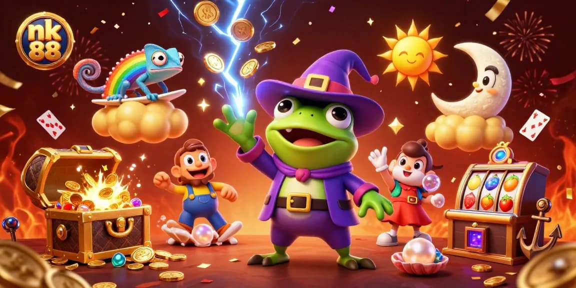 Win big at nk 88 with a vibrant illustration featuring magical characters and casino elements.