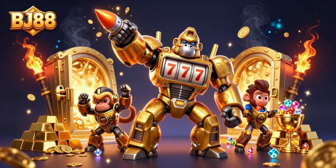 BJ88 unleashes a golden gorilla mech amidst dynamic casino riches, showcasing thrilling gambling excitement.