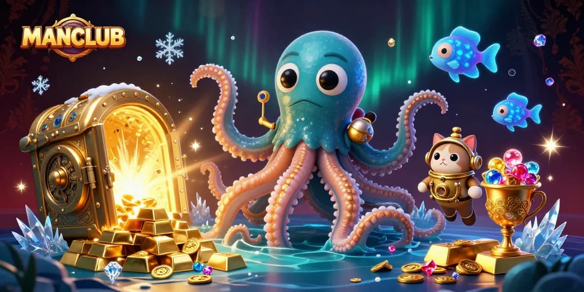 Spin to win at MANCLUB with a vibrant scene featuring a kraken, diver, and treasures of fortune.