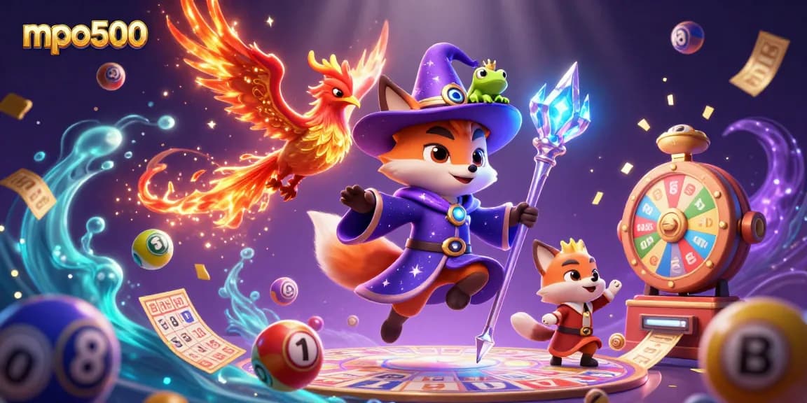 Experience the excitement of mpo500 with vibrant lottery balls and magical characters in a dynamic casino scene.