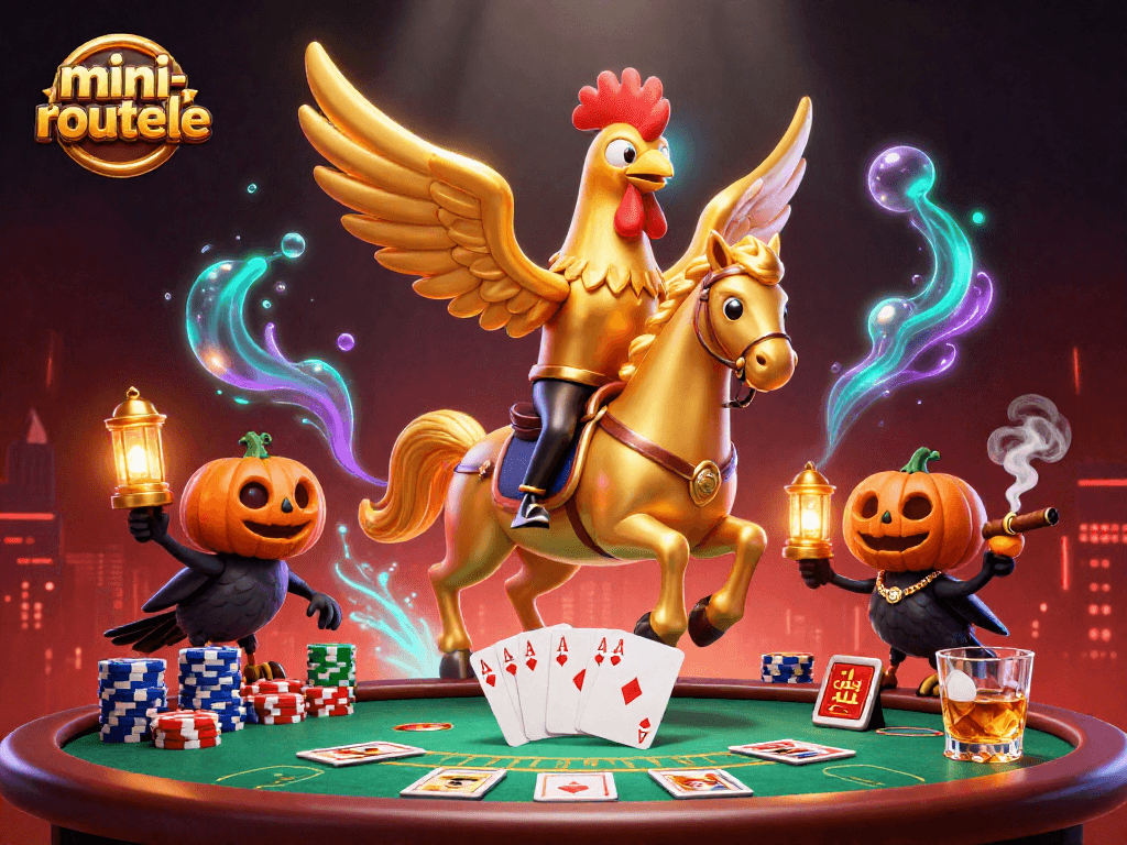 Engage with mini-roulette amidst a vibrant casino scene featuring a golden rooster and companions.