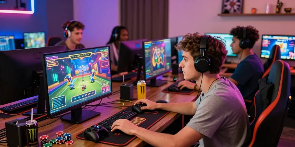 Engaged gamers playing online casino games at home, showcasing the excitement of 78win gaming experience.
