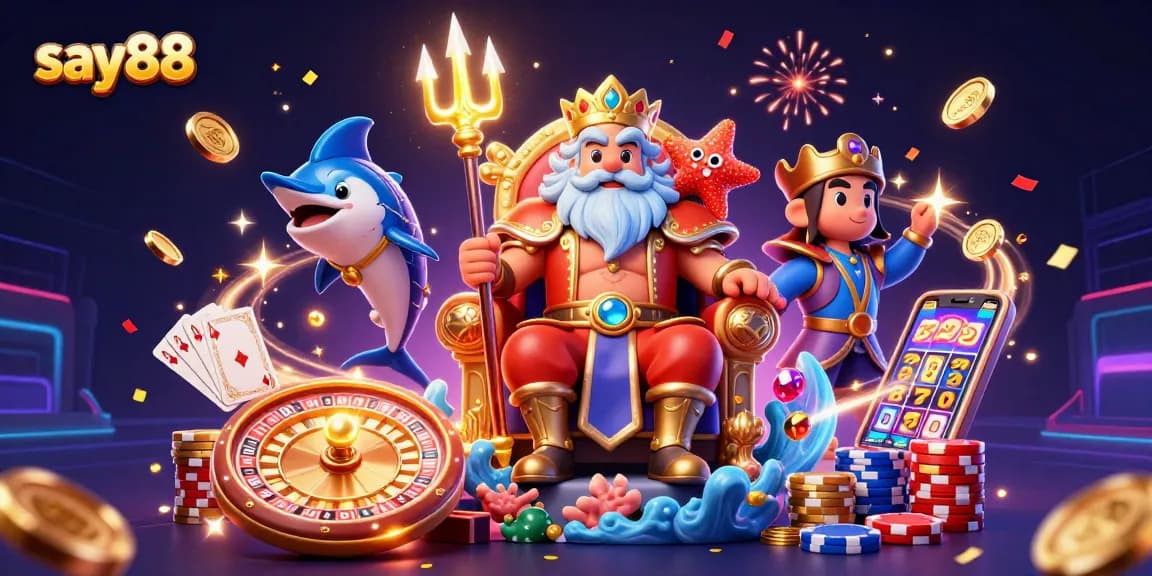 Join the excitement at say88 with Neptune, treasure, and vibrant casino elements in this dynamic illustration.