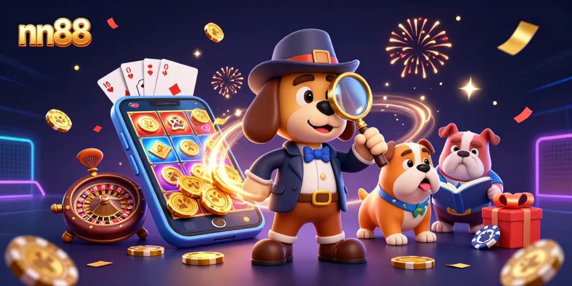 Engage with nn88's thrilling games illustrated through a detective's adventurous quest in a vibrant casino scene.