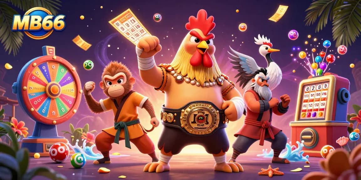 Experience thrilling games at MB66, featuring vibrant lottery balls and colorful casino elements.