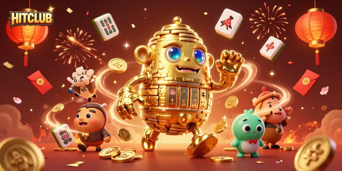 Experience the thrill of HITCLUB with a stunning 3D illustration featuring a golden golem in a vibrant casino scene.