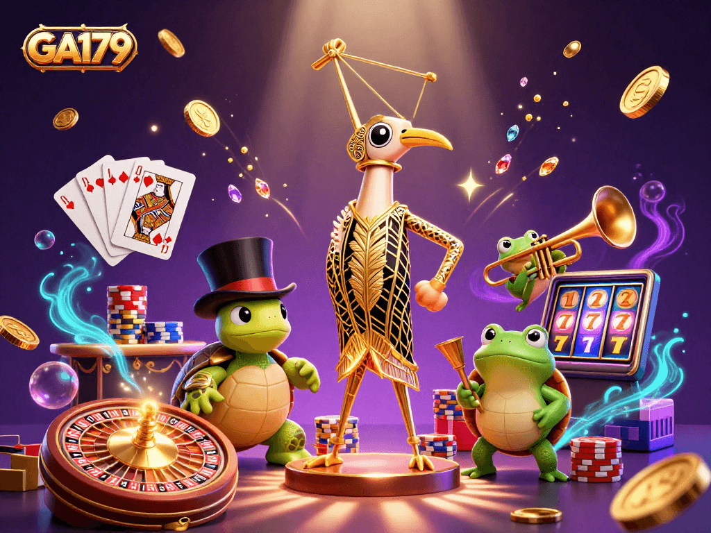 Experience thrilling bets at GA179 with an energetic scene featuring unique characters and dazzling casino elements.