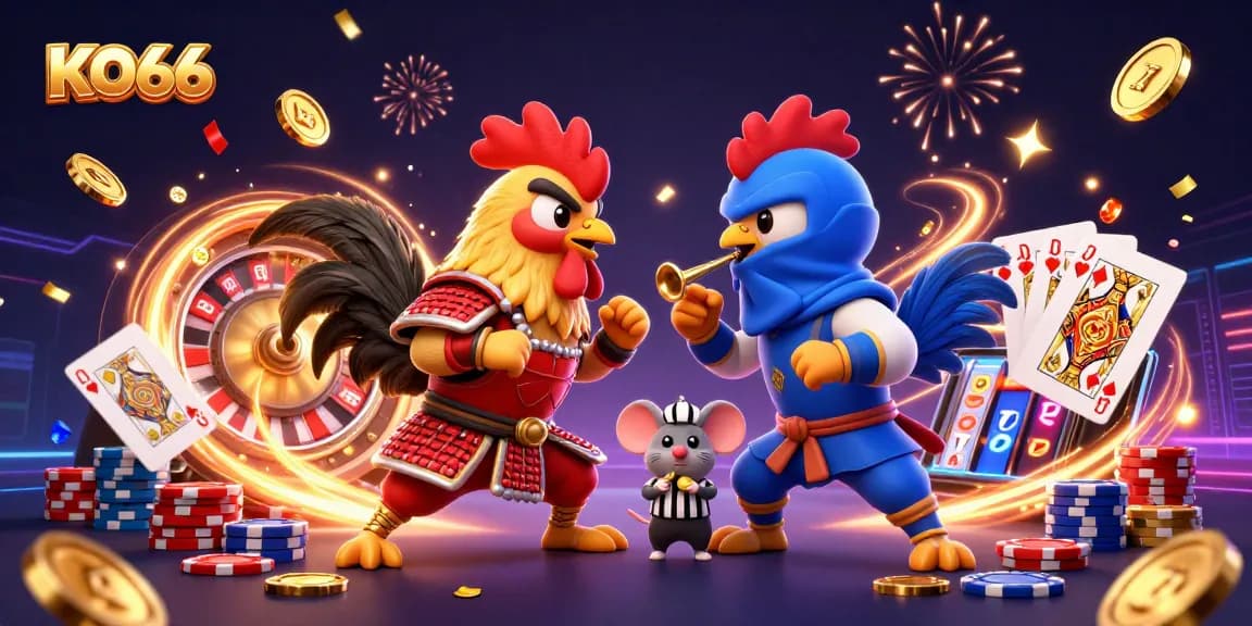 KO66 showcases twin cartoon fighting roosters in a vivid standoff amid sparkling casino elements.