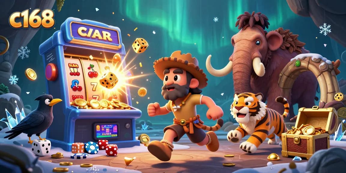 C168 features a captivating prehistoric casino with a caveman and sabertooth tiger surrounded by dynamic gaming elements.