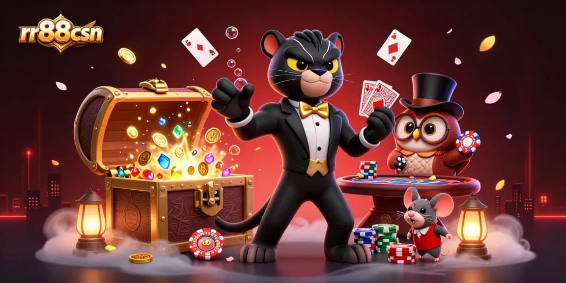 Engage with rr88csn’s vibrant casino scene featuring a stylish black panther dealer at the table.