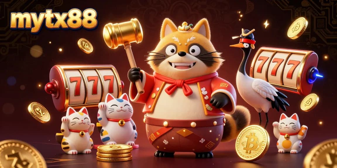 Experience the vibrant world of mytx88 with lucky tanuki, fortune cats, and exciting slot reels.