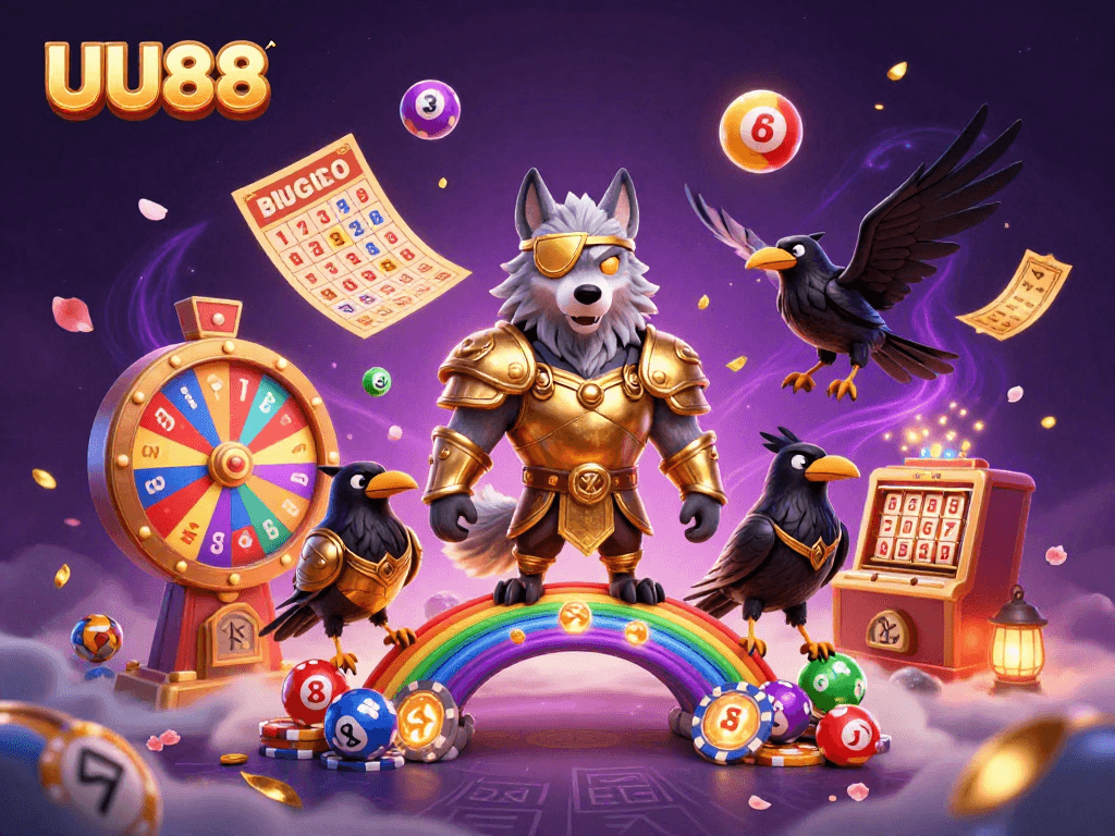 Experience the thrill with UU88 in this vibrant, dynamic casino-themed illustration showcasing Odin and his ravens.