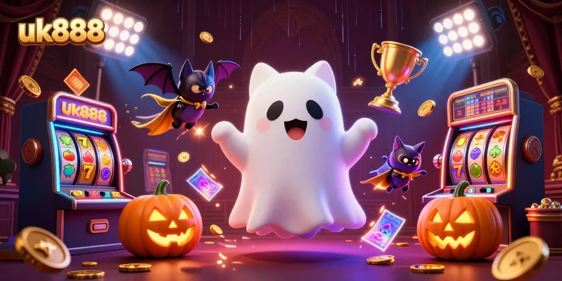 uk888 offers thrilling casino experiences with ghost cat and vampire bat amid vibrant slot elements.
