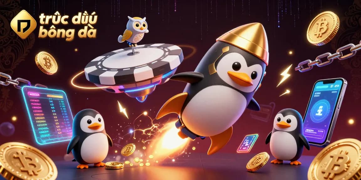 Experience trực tiếp bóng đá with a cartoon penguin and cosmic poker chip casino illustration.