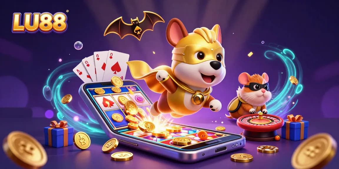 LU88 superhero dog and sidekick hamster celebrate big wins with slot games and poker chip symbols.